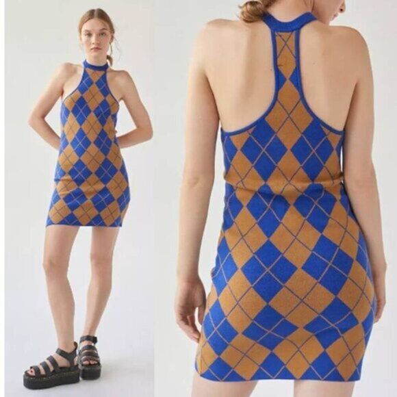 UO Women's Sweater‎ Halter Bodycon Mini Dress Printed Knit Stretch Blue Medium - Picture 4 of 5